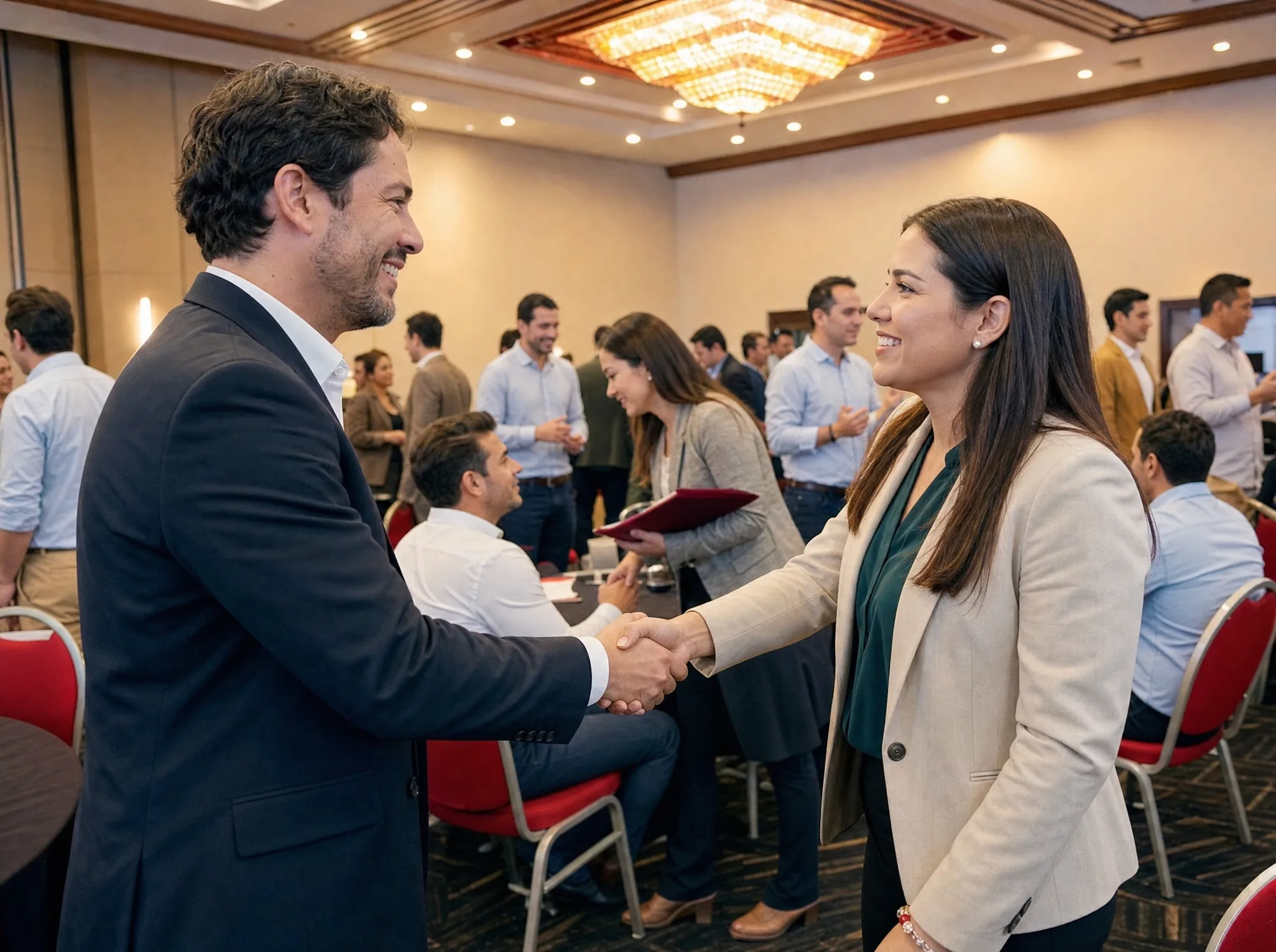 Dos participantes cerrando un acuerdo B2B con un apretón de manos mientras otros practican la venta