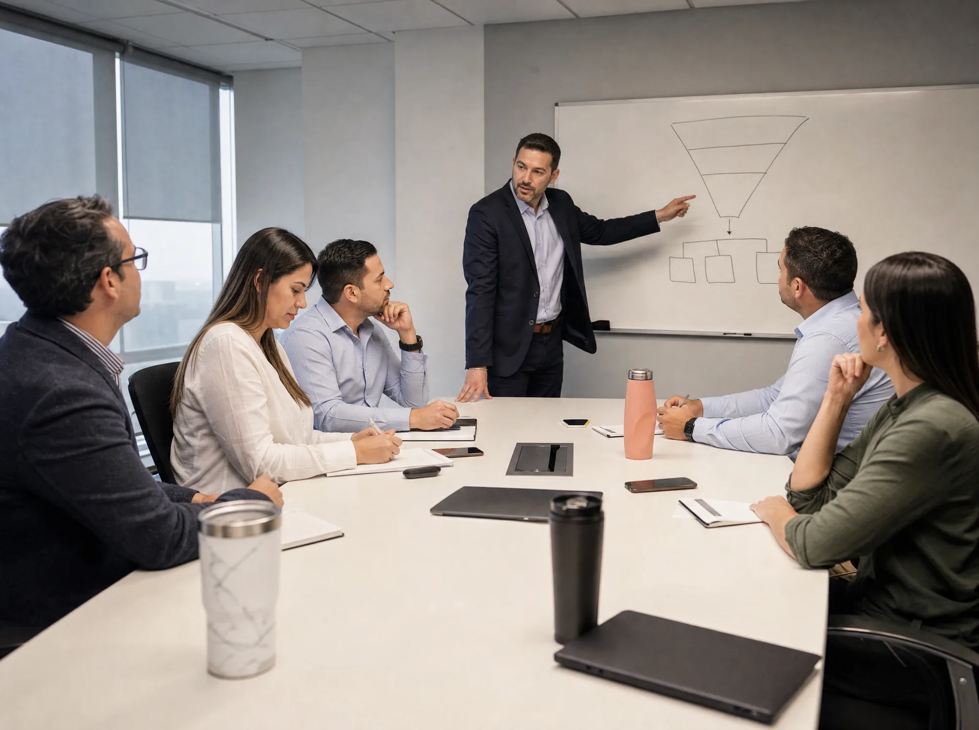 Jefe comercial liderando la reunión de ventas con su equipo