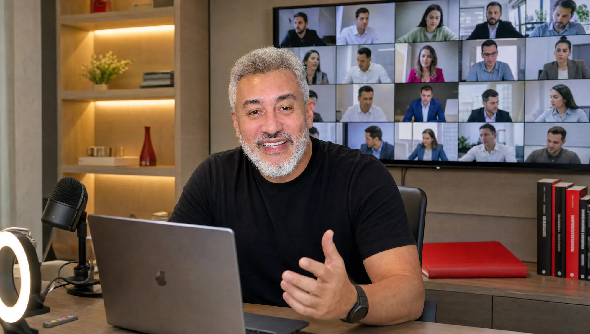 Sandro Meléndez dictando Ventas Salvajes Evolución online con la sala virtual detrás