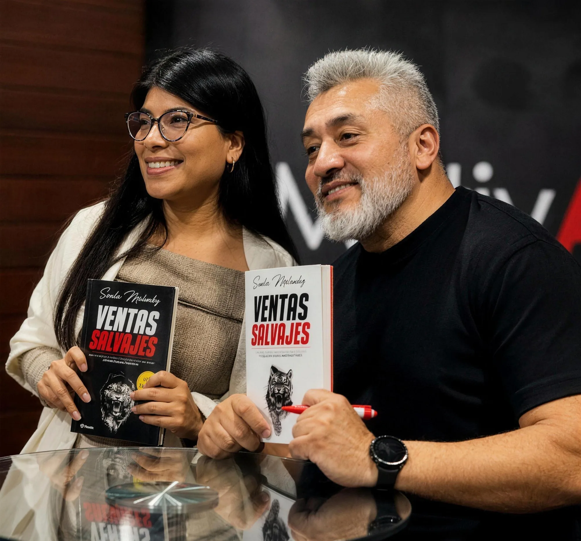 Sandro Meléndez con una lectora y dos ejemplares de Ventas Salvajes