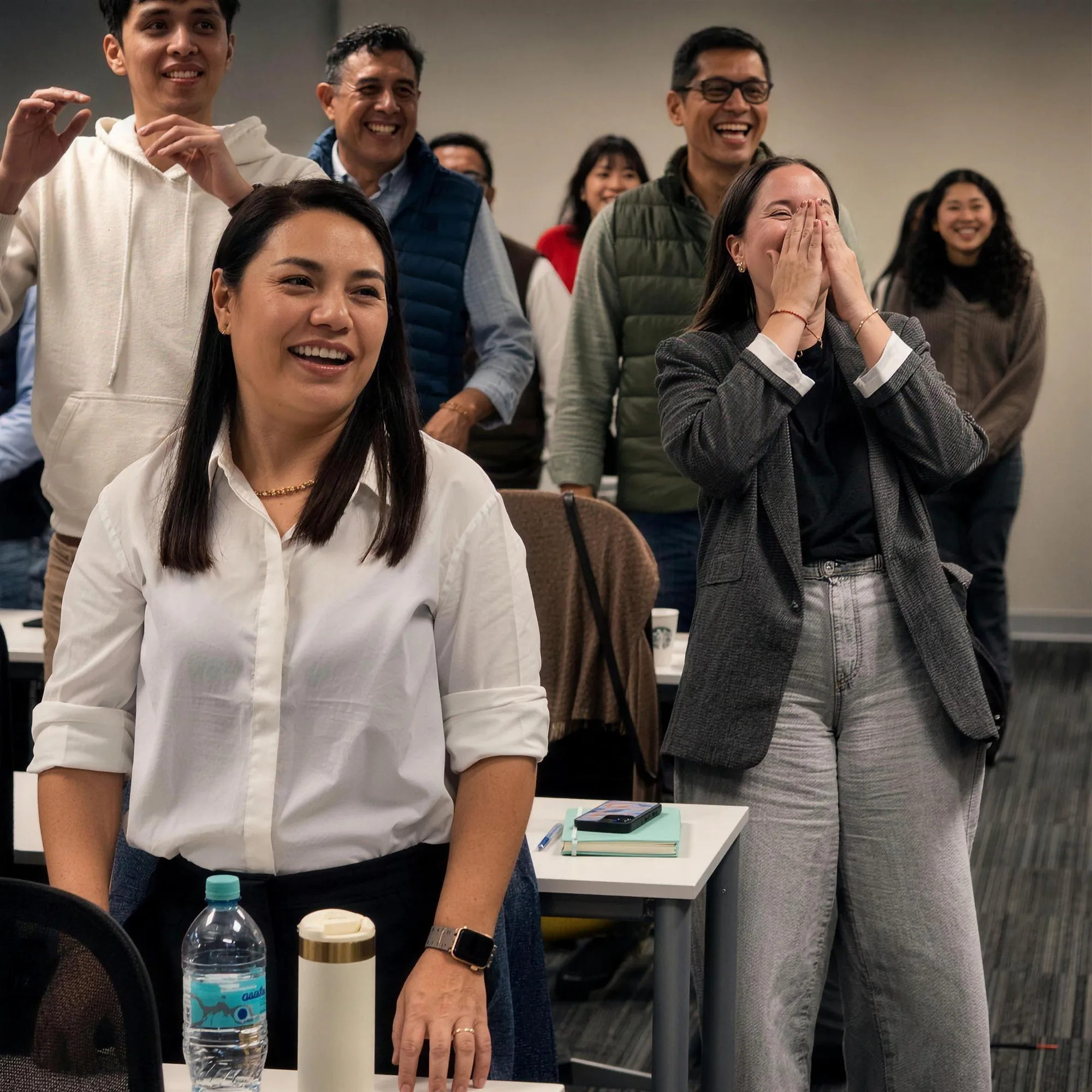 Participantes de pie riendo durante una dinámica del taller