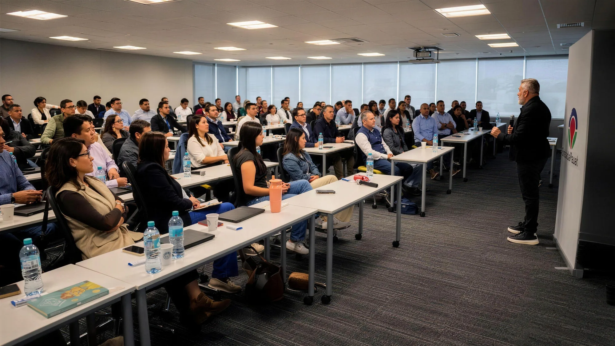 Sandro Meléndez entrenando a un equipo en el aula de la empresa